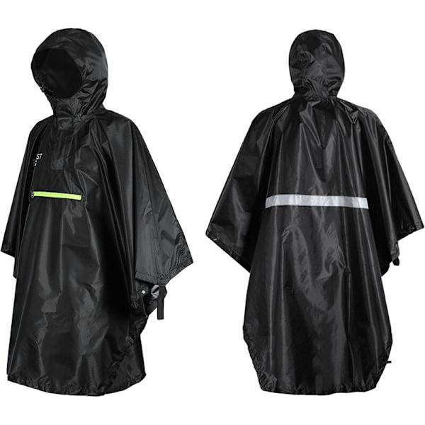Regnkappa för män och kvinnor, vattentätt regnkläder med reflex, regnponcho med reflexremsa, Modell: Svart - Svart