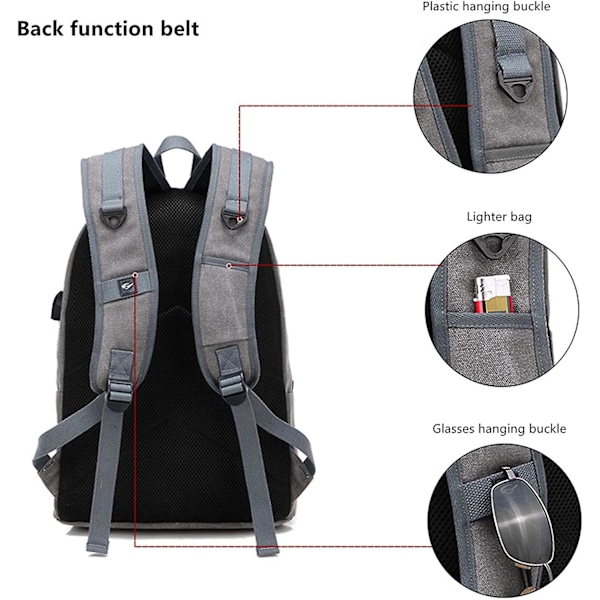 Reppu, Canvas Business Travel Backpack, Oppilaitoskoululaukku, Läppärireppu, Ulkoinen USB-latauslaukku kuulokeliitännällä (Harmaa)
