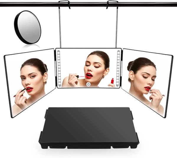 1 stk sort LED 3-sidet foldbar makeup-spejl med lys, dæmpbar