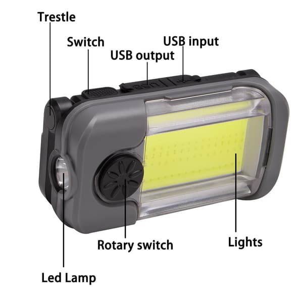 1 stk XPG+COB arbeidslys med innebygd batteri USB-lading
