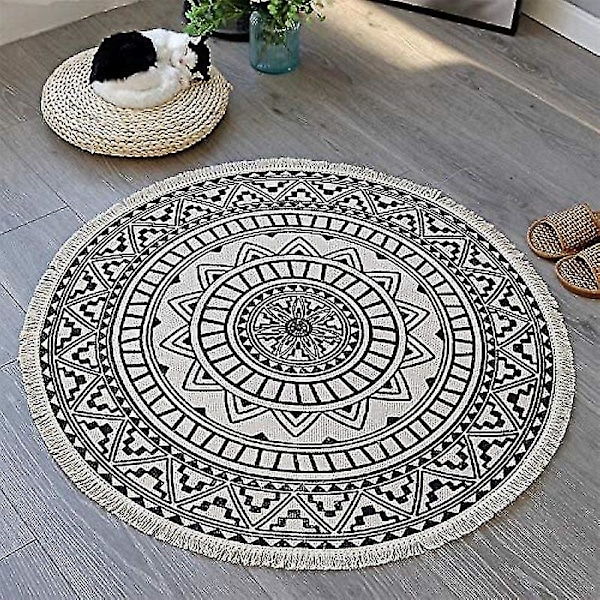 Pyöreät matot, pyöreät alueen matot, raidallinen, liukumaton, käsin kudottu, helppohoitoinen puuvillamatto boheemi mandala-kuviolla 90cm