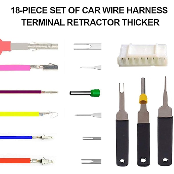 Liitinvedin - 18-osainen liittimenpoistotyökalusarja - Korkea kovuus - Ei ruostetta - Ei muodonmuutoksia - Auton sähköjohtosarjan liittimen uuttotyökalusarja