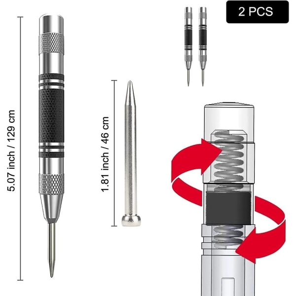 2 stk. automatisk centerpunch, fjederbelastet centerpunch, justerbar slagautomatisk punch, til træ, væg, metal, med 2 stk. reservepinde