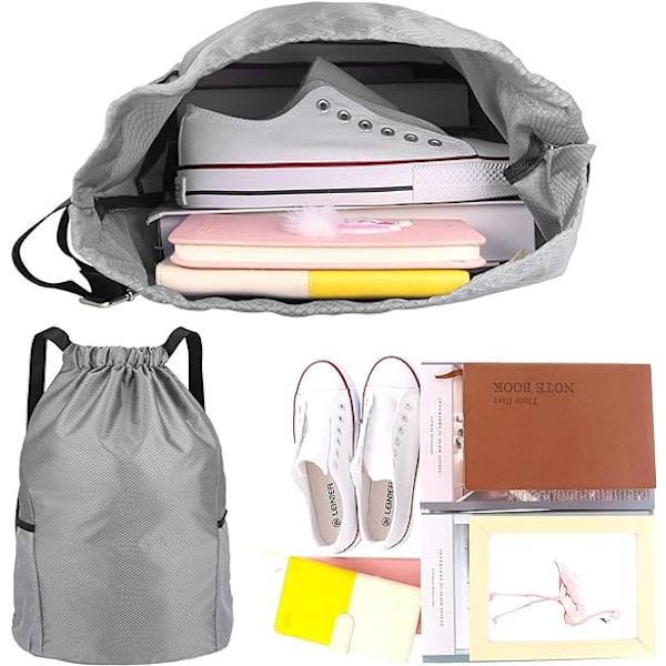 1 grå treningsbag med snor, treningsbag, ryggsekk med snor