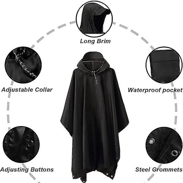 3 i 1 Multifunktionel Vandtæt Regn Poncho, Letvægts 210T Oxford Genanvendelig Regn Kappe med Hætte, Regn Poncho med Brystlomme til Vandreture, Camping