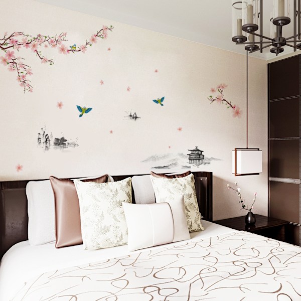 Peach Blossoms & Birds vægklistermærker (240x150 cm) I