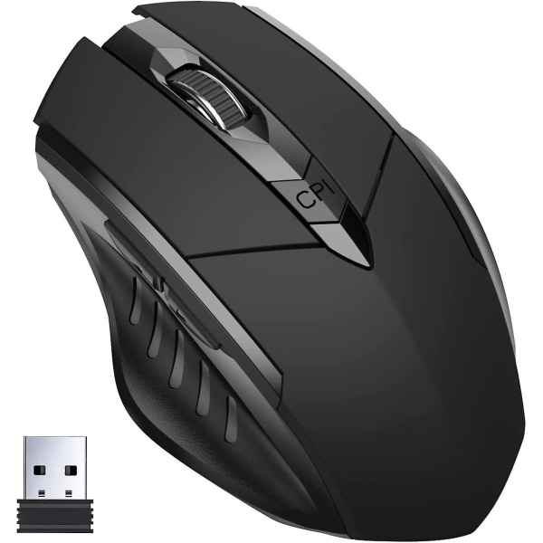 Sort trådløs mus, 2.4G genopladelig trådløs ergonomisk ergonomisk optisk mus med USB Nano-modtager til bærbar pc MacBook ChromeBook, 6 knapper