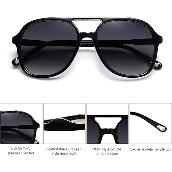 Retro Polariserende Aviator Solbriller til Mænd og Kvinder Klassiske 70'er Retro Mode Kvadratiske Aviator (Sort)
