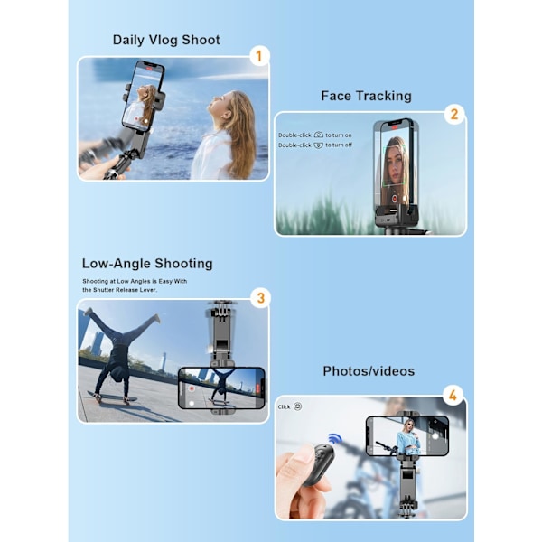 Gimbal Stabilisator för Smartphone, 2-axlig Automatisk Ansiktsföljning Selfie Stick för iPhone, 360° Rotation med Fjärrkontroll för Android