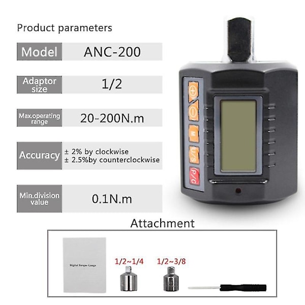 1/2 Justerbar Moment Tester Anc-200 Momentmåler Med Adapter