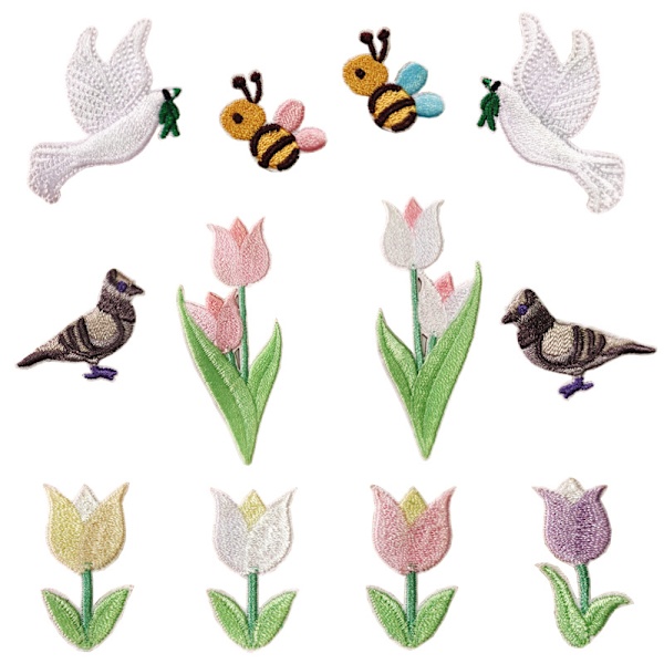 12 mini bieblomsterlapper med 10 dekorative broderilapper