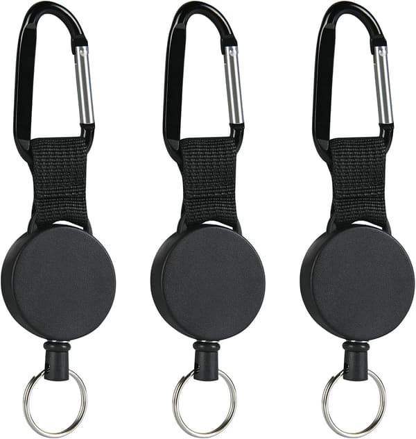 Retrakterbart Nyckelband, 3 st Karabiner med Retrakterbart Spol
