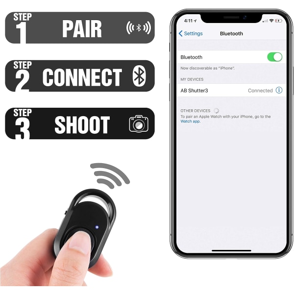 1 svart Bluetooth-fjernkontroll med kameraskutter ved bruk av