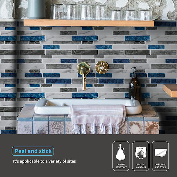 10-ark Peel and Stick Backsplash, 12 tum x 12 tum Blå Marmordesign