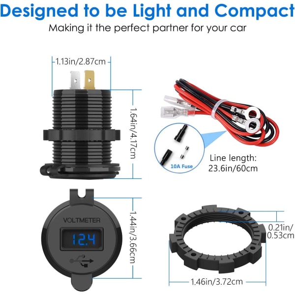 USB 3.0 Hurtigladingskontakt, 12V/24V 36W Vanntett Aluminium