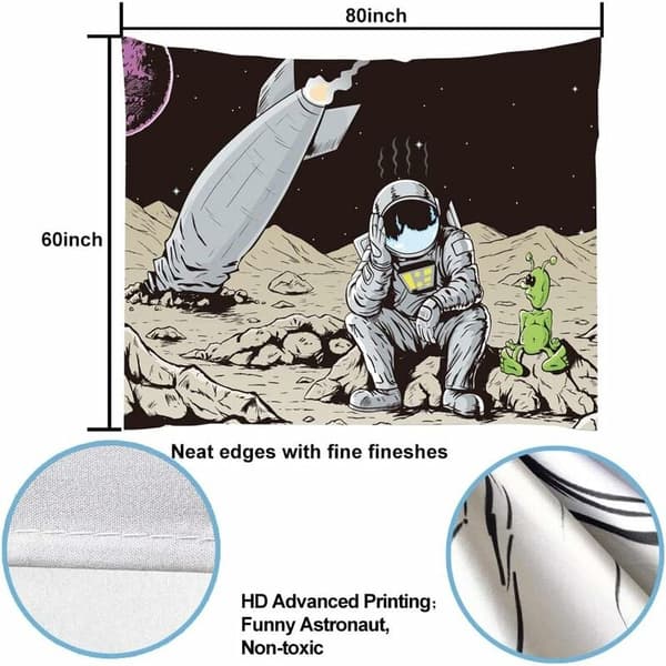200x150cm Trippy Astronaut Tapestry, Rocket Crashed on Alien Plan