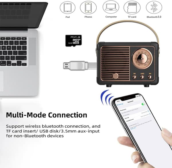 Retro Bluetooth Højttaler Trådløs Mini Højttaler, (Sort)