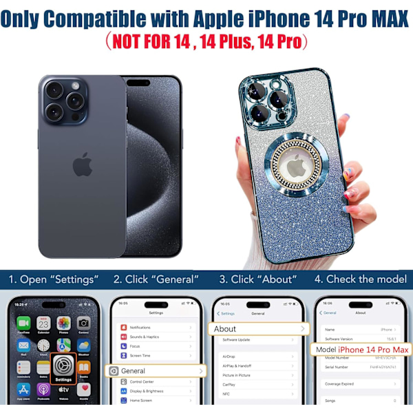 iPhone 14 Pro Max Magnetiskt Skal Kompatibelt med MagSafe, Fullt Skydd Smalt Stötsäkert Repskyddande Glitterfodral w