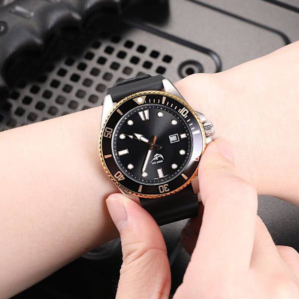 Herrar Analog Anti-Reverse Bezel Klocka, Svart