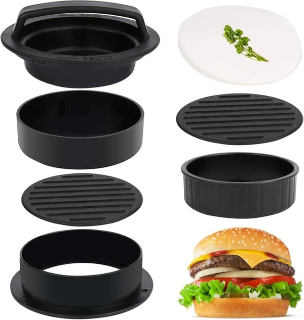 Fylld Burger Press Patty Maker Ringar Formar Kit - med 100 st Vax Hamburger Patty Papper