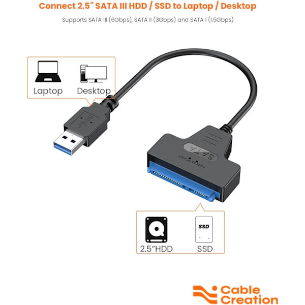 CableCreation SATA til USB 3.0 kabel, USB 3.0 til SATA adapter, kompatibel med 2,5\" SATA III HDD&SSD harddisk