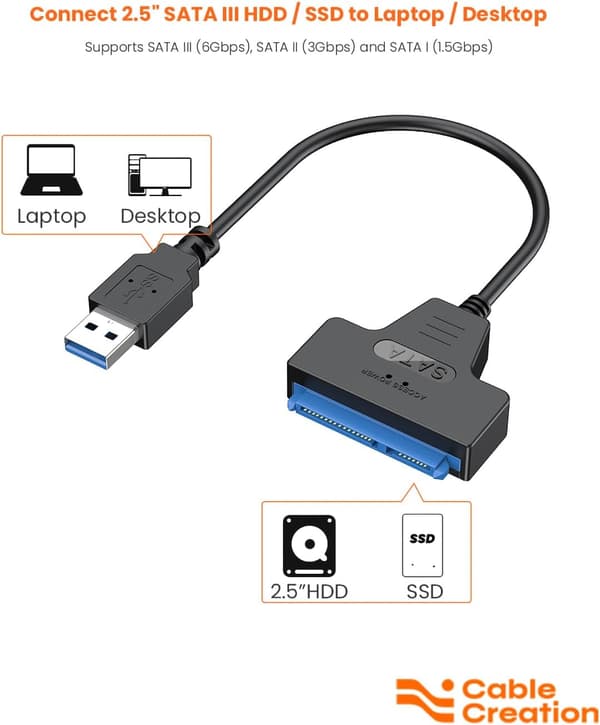 CableCreation SATA til USB 3.0 Kabel, USB 3.0 til SATA Adapter, Kompatibel med 2,5” SATA III HDD&SSD Harddiskdrev