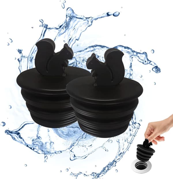 Badkarspropp, 2-pack Universal badkarspropp i silikon för köksbadkar och badrumsavlopp, svart propp söt ekorrform, 2 st