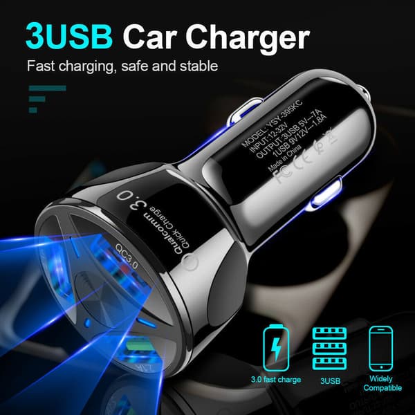 3USB biloplader qc3.0 biloplader med indikatorlys bil