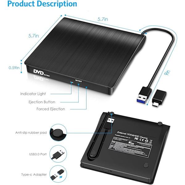 Ulkoinen CD DVD -asema, USB 3.0 ja Type-C CD -poltin, kannettava CD DVD +/-RW -asema DVD -soitin kannettavalle tietokoneelle, pöytätietokoneelle
