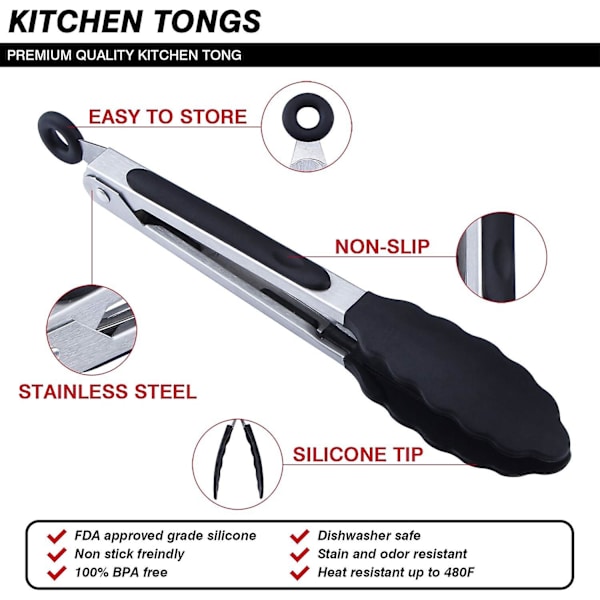 Svart 7\" Mini Silikon Serveringstång Set