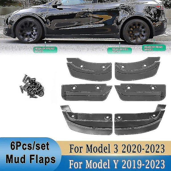 6 stänkskydd för hjulbågar till Tesla Model Y 19-23 Model 3 21-23 PVC fram och bak stänkskydd