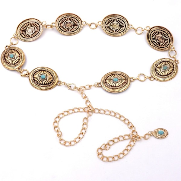Guld - Etnisk stil metall retro bälte midjeband accessoarer kvinnor dekoration med klänningar under midjan hög klass