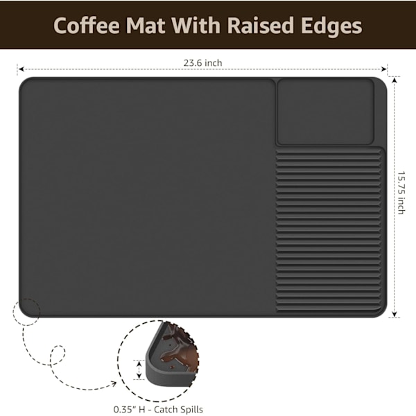 Silikon Kaffematte, Kaffebarmatte med Hevede Sølesikre Kanter, 60 x 40 cm Kaffematte for Benkeplate (Svart)