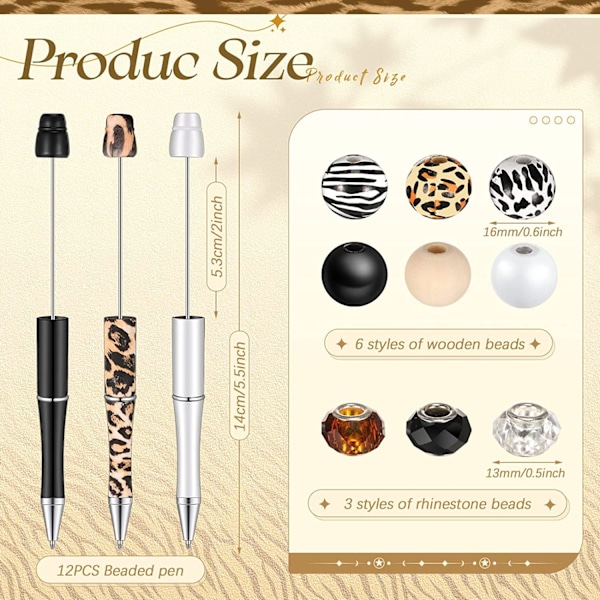 12 set med plastpärlpennor leopardmönster ko zebra trä