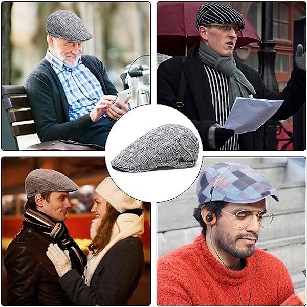 Platt Keps Vintage Stil Rutig Basker (Grå), Newsboy Kep Justerbar