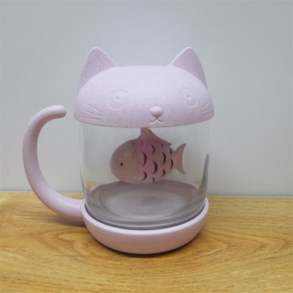 UneMug 250ML Katteformet Glas Te Kop med Fisk Formet Infuser