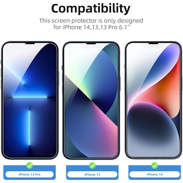 3-pack Skärmskydd i Härdat Glas, Designad för iPhone 14, 13, 13 Pro (6,1 tum), Fallvänlig, Repskyddande, Bubbelfri