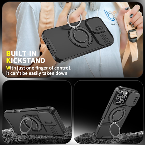 Magnetisk Ring Stativ Etui for iPhone 16 Pro Max med Skyveobjektivdeksel, Oransje