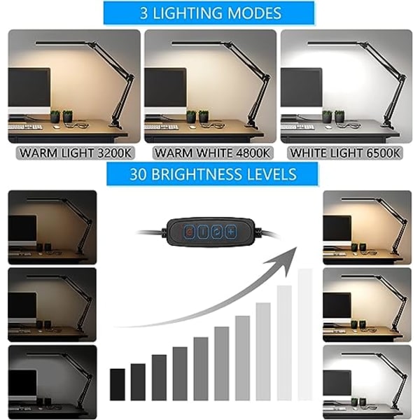 LED skrivebordslampe - Svart Kraftig LED skrivebordslampe med klips - Øye
