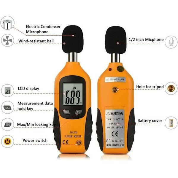 Ljudnivåmätare 30-130dBA, professionell decibelmätare med bakgrundsbelyst display (9V batteri ingår)