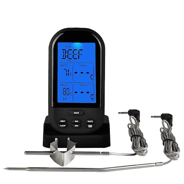 Trådlös digital kötttermometer kökstimer med två sonder matlagnings termometer för nötkött rökare grill BBQ svart