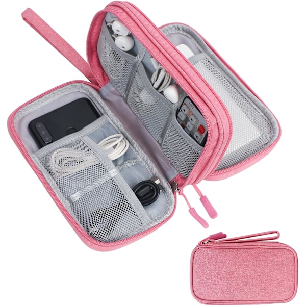 Elektronisk Organizer Reiseveske - Alt-i-ett Doble Lag Oppbevaringsveske for Tilbehør, Lader, Kabel, Rosa