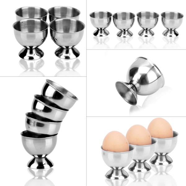 4 stk. Eggestativ i rustfritt stål, eggbrett, eggkopp, andekopp