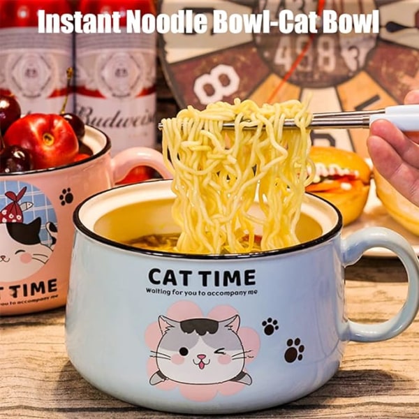 Ramen Skål med Lock, Söta Katt Salladskålar med Handtag
