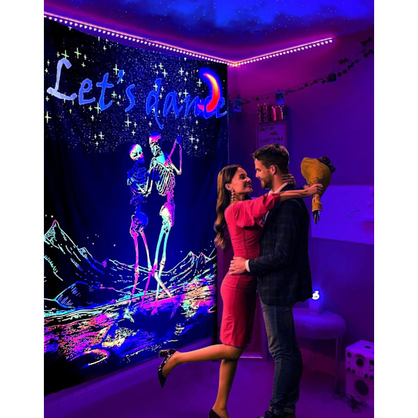 Blacklight Dancing Skeleton Lovers Tapestry, Glow In The Skull Dark Poster Wall Hanging for Bedroom Dorm Party Backdrop Decor,Dancing Skeleton