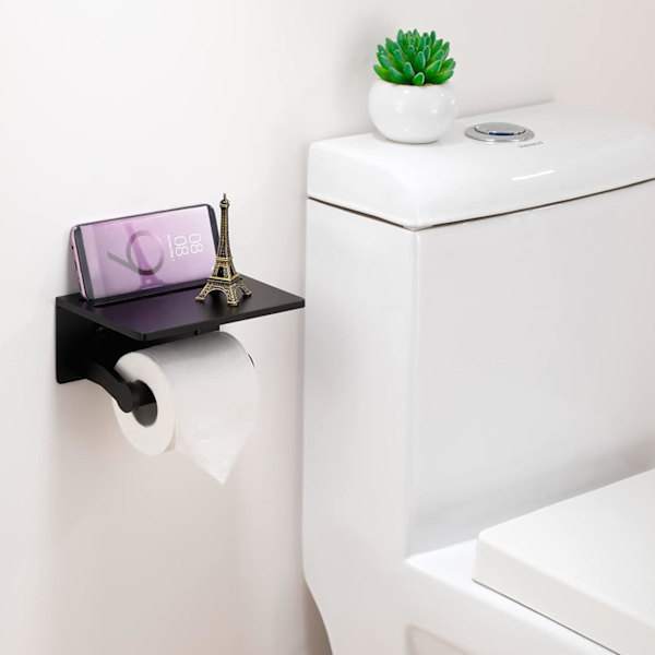 Toiletpapirholder med hylde, Sort Rustfri Aluminium Toilet