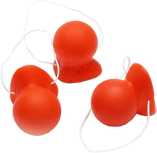 3 røde gummiklovneneser, klovnenese og elastisk sirkus