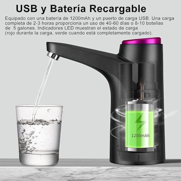 Bärbar USB-uppladdningsbar trådlös vattenbehållare, kompatibel med 4,5L till 18,9L flaskor, 2 vattenlägen, tyst, f