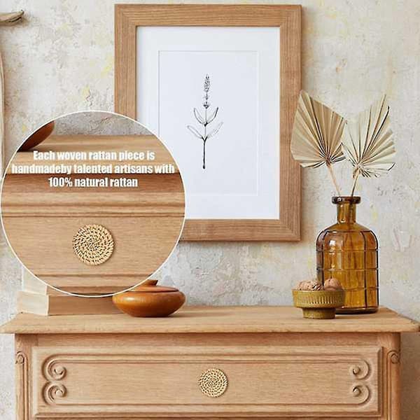 6 stk. Boho Rattan Kommode Knapper Runde Træ Skuffe Knapper