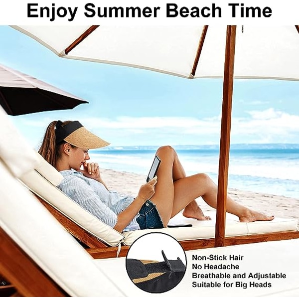 Solhatte til kvinder med bred skygge, halm, wrap til hestehale, sommerstrand